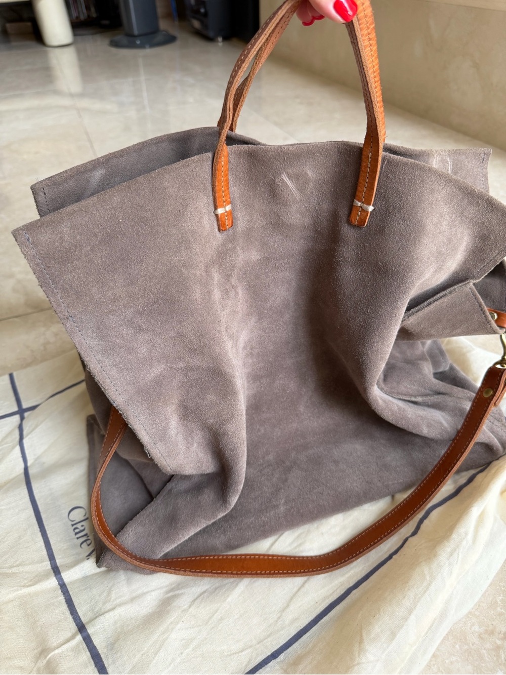 Clare V. Simple Tote in grey Suede with Tan Leather Straps